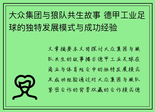 大众集团与狼队共生故事 德甲工业足球的独特发展模式与成功经验
